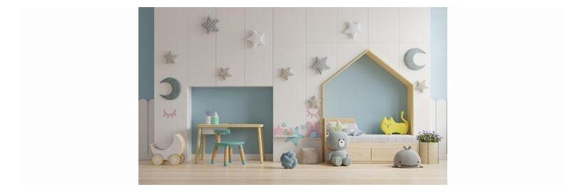 A picture of a child's room, decorated with neutral colours and light wooden furniture